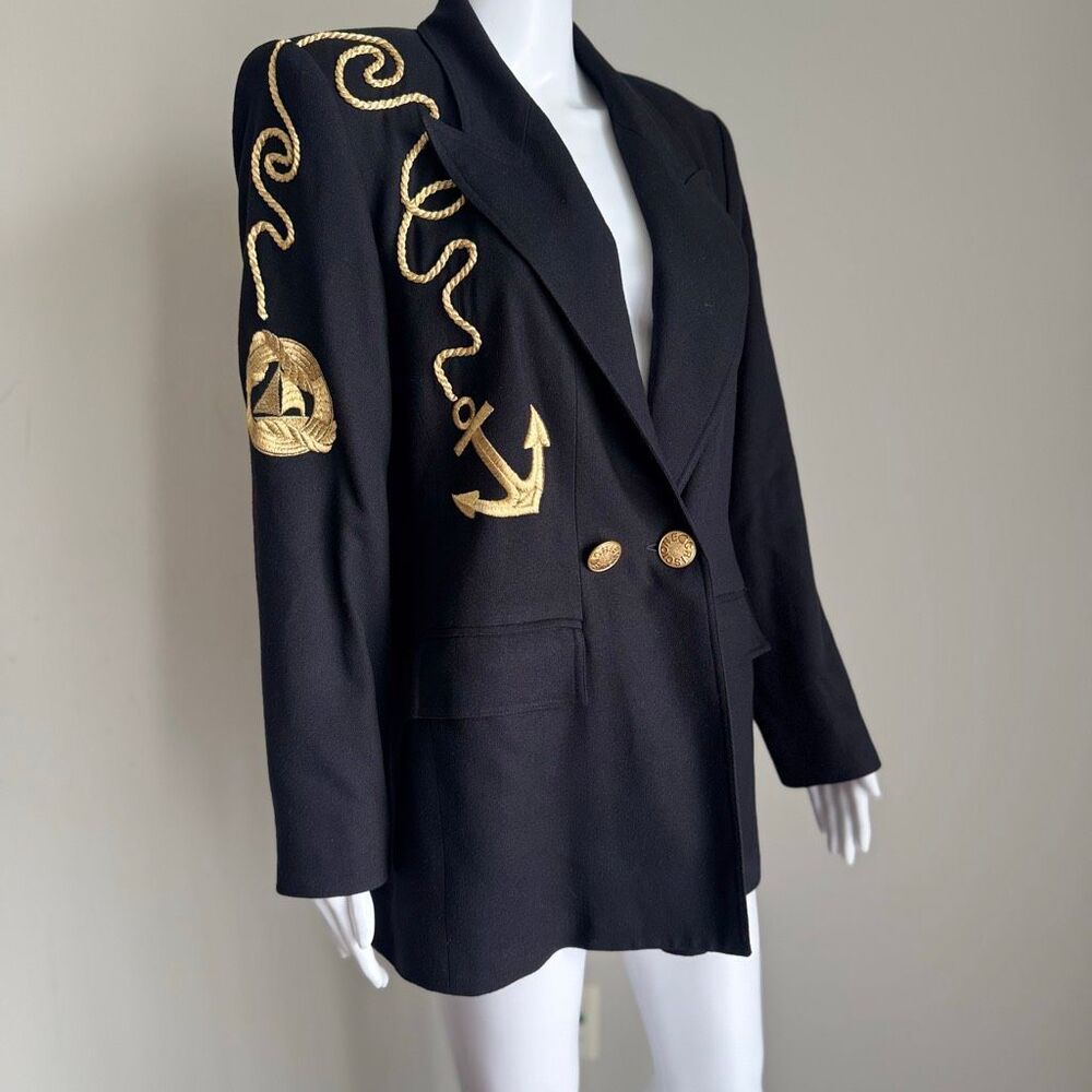 VTG Criscione Lillie Rubin Nautical Blazer Gold Anchor Embroidery Rope Jacket